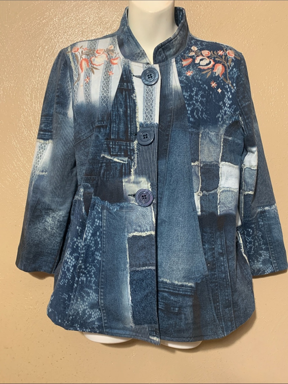 Multiples size Navy Patchwork-Style Button Jacket with Embroidered Accent